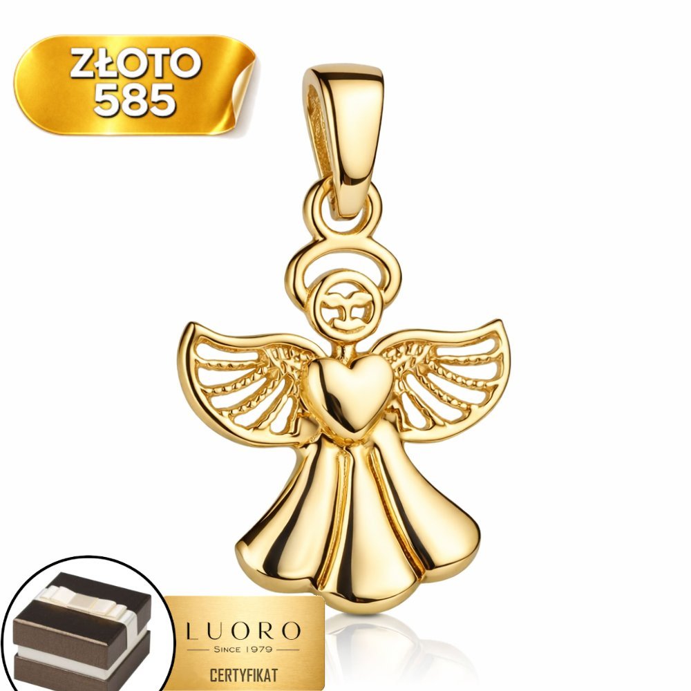 ZAWIESZKA ZŁOTA 585 14K ANIOŁEK Z GŁADKIM SERDUSZKIEM 1,7 CM ELEGANCKA