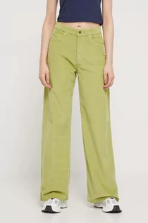 Spodnie damskie - Roxy spodnie sztruksowe kolor zielony szerokie high waist - grafika 1