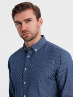 Koszule męskie - Wzorzysta męska koszula z cienkiego jeansu z kieszonką niebieska V2 OM-SHDS-0179 - Ombre Clothing - miniaturka - grafika 1