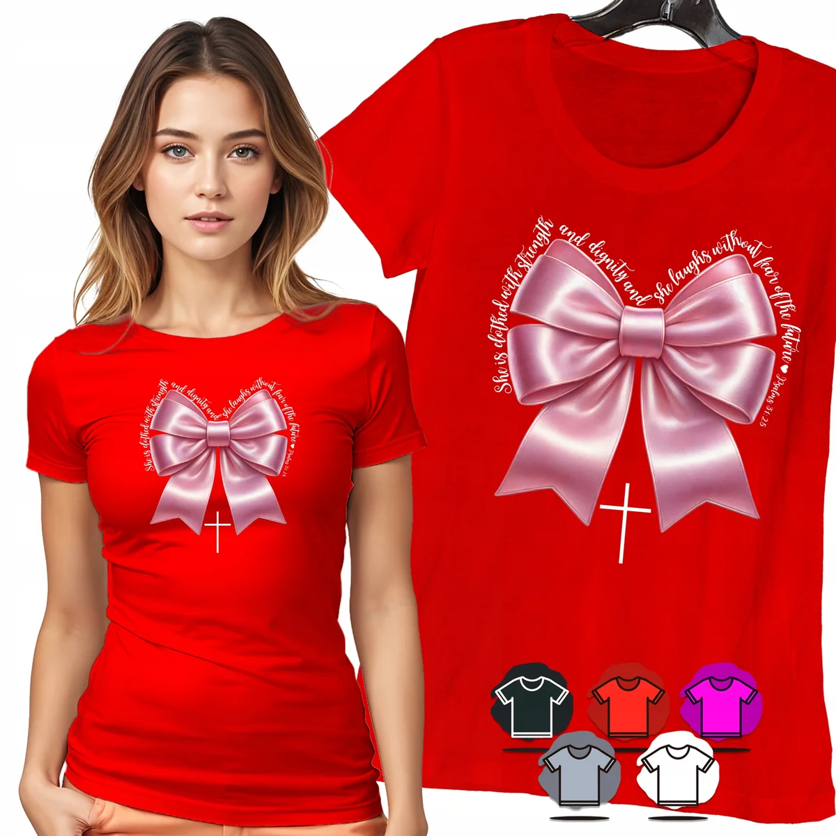 KOSZULKA DAMSKA T-SHIRT - RÓŻOWA SATYNOWA KOKARDKA ELEGANCKI PREZENT - L