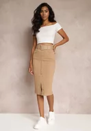 Spódnice - Brązowa Jeansowa Spódnica Ołówkowa Midi z Guzikami i Rozcięciem Jackiesa - miniaturka - grafika 1