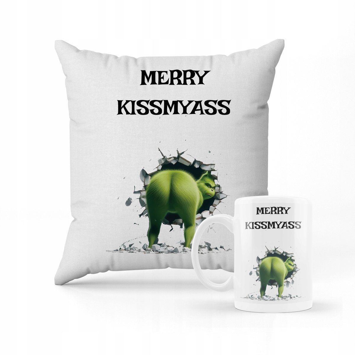 ZESTAW PODUSZKA + KUBEK Merry Christmas Grinch śmieszny wzór + IMIĘ