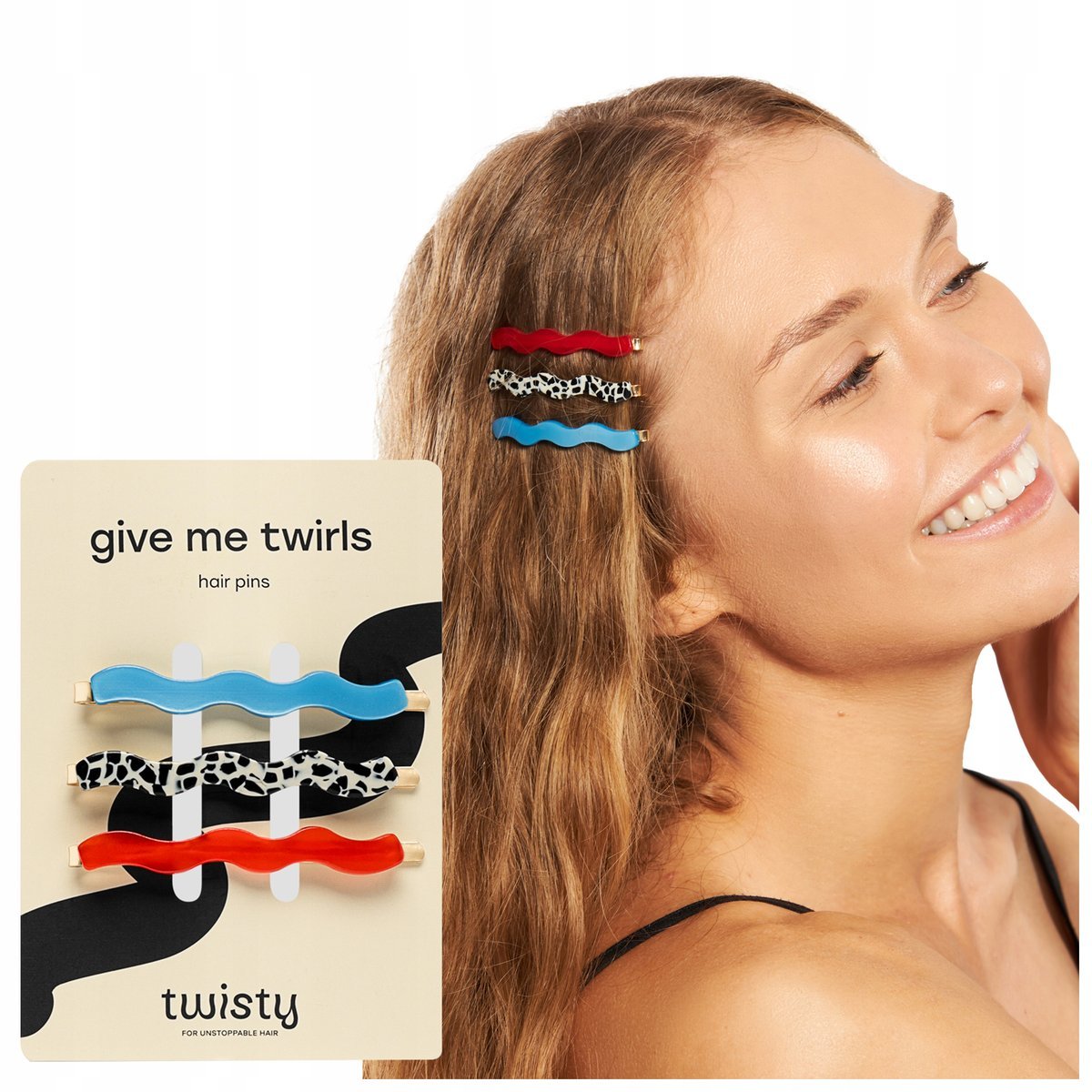 Wsuwki do włosów FALOWANE marmurkowa niebieska czerwona Twisty ZESTAW 3 szt