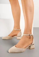 Czółenka - Ciemnobeżowe Czółenka Vices na Geometrycznym Obcasie ze Skórzaną Wkładką i Metaliczną Wstawką Florori - miniaturka - grafika 1