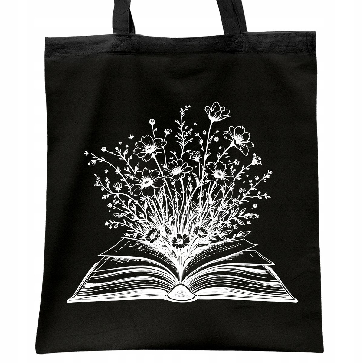 Torba bawełniana czarna na zakupy Książka Kwiaty Dla Fanów Książek