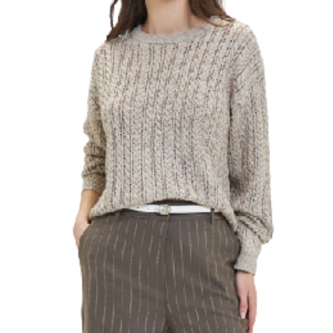 Goa Goa sweter a trecce in misto wełna modello Orix colore fango con scollo rotondo e micropaillettes