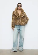 Kurtki damskie - Stradivarius Dwurzędowa kurtka w panterkę ze sztucznego futra Beżowy XS - miniaturka - grafika 1