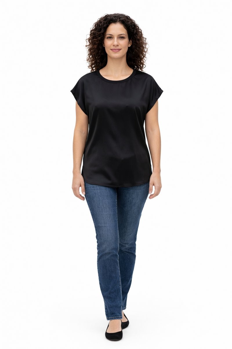 PINKO CZARNY JEDWABNY T-SHIRT Z OKRĄGŁYM DEKOLTEM GŁADKI 38 1I4A