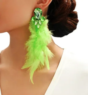 Kolczyki pióra wieczorowe eleganckie z cyrkoniami szykowne ZIELONE złote - Kolczyki - miniaturka - grafika 1