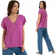 Bluzki damskie - Damska Bluzka Wiskozowa Dekolt V Luźny Krój Zamek Kieszenie MORAJ RÓŻOWA S - miniaturka - grafika 1