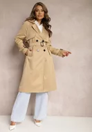 Płaszcze damskie - Brązowy Długi Płaszcz Trencz Dwurzędowy z Paskiem w Komplecie Sabila - miniaturka - grafika 1