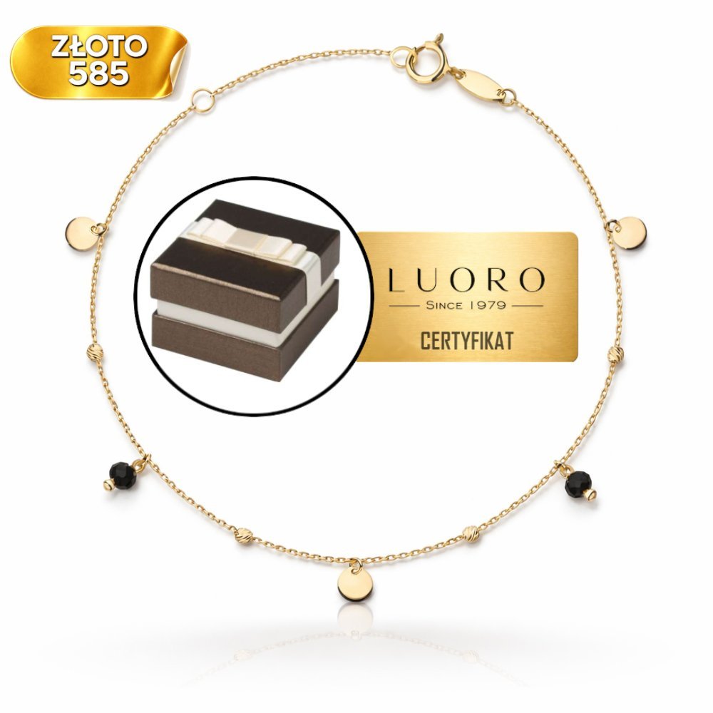 BRANSOLETKA ZŁOTA 585 14K DIAMENTOWANE KULKI PEŁNE KÓŁKA CZARNE KAMIENIE 17 CM REGULOWANA --- Parametry produktu w formacie HTML: ```html ..