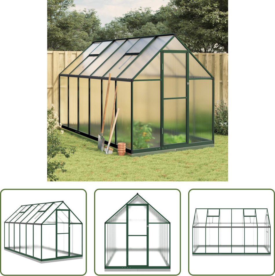 The Living Store Szklarnia z ramą fundamentową Zielona 334x169x202 cm Aluminimum