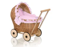 Wózki dla lalek - Wiklinowy wózek dla lalek pchacz z różową pościelką i miękką wyściółką CHIARA - naturalny - miniaturka - grafika 1