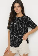 Koszulki i topy damskie - Czarny T-shirt Oversize z Bawełny Zdobiony Nadrukiem Sinelra - miniaturka - grafika 1