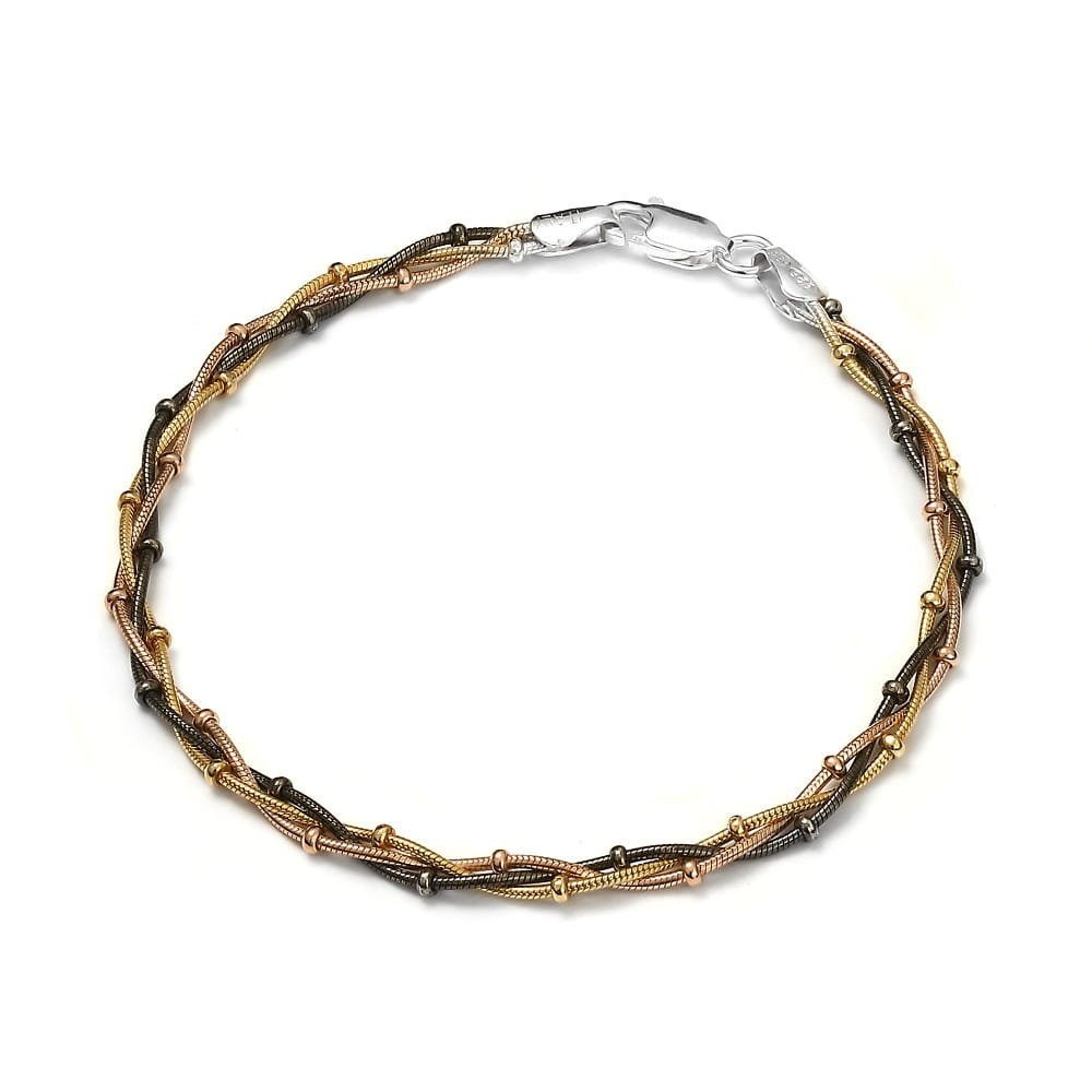 Srebrna bransoletka 925 pozłacana pleciona trzykolorowa złota różowa czarna