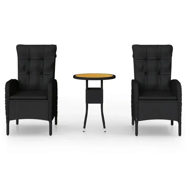 Stylowy zestaw bistro z polirattanu, czarny, stół 60x75 cm, krzesła 58x6