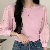 Koszule damskie - TEMU Bluzka damskie z okrągłym dekoltem i detalami w szpic, 100% poliestrowy materiał z dzianiny, jednokolorowa, rękawy trzy czwarte długości, - miniaturka - grafika 1