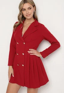 Bordowa Plisowana Sukienka Marynarka o Rozkloszowanym Kroju z Ozdobnymi Guzikami Zoriea - Sukienki - miniaturka - grafika 1