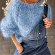 Swetry damskie - TEMU 2025 Jesień/ Nowy Design Luźny Fason Jednokolorowy Sztuczny Mink Pluszowy Sweter z Odkrytymi Ramionami i Długim Rękawem Damski Luźny Krótki - miniaturka - grafika 1