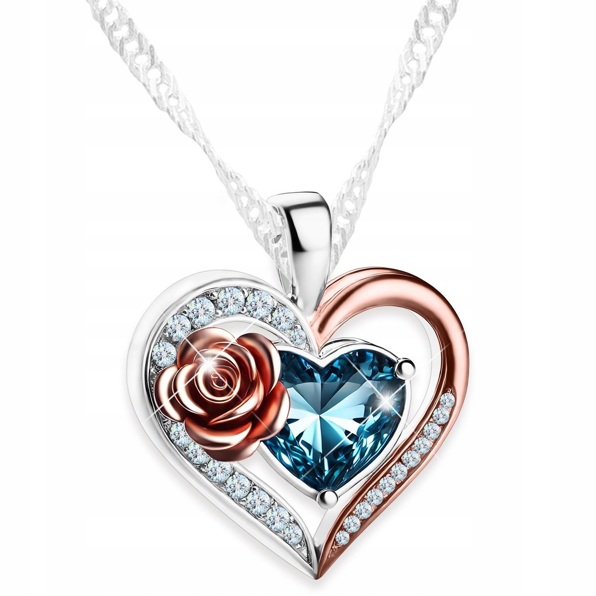 Naszyjnik Srebrny Niebieskie Serce z Różą Kryształ Kwiat Love SREBRO 925