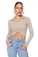 Body - Trendyol Damska bluzka z dzianiny slim bodycon dekolt w serek, Kolor norek, L - miniaturka - grafika 1