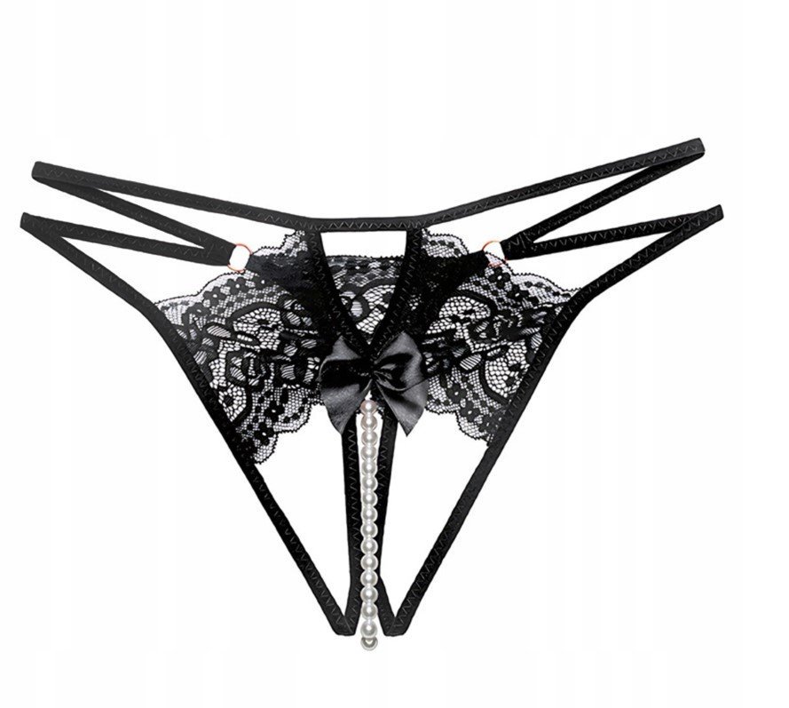 Stringi z rozcięciem i perełkami czarne - S/M