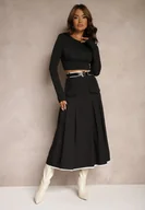 Spódnice - Czarna Spódnica High Waist z Plisami Wykończona Imitacją Kieszeni i Paskiem Evilenes - miniaturka - grafika 1