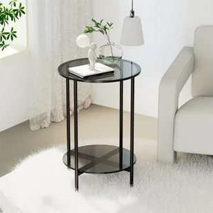 WISFOR stolik kawowy okrągły, stolik boczny ze szkła, nowoczesny stolik do sofy z metalową ramą, szklany stolik z 2 poziomami, stolik nocny do salonu Ø40cm - Ławy i stoliki kawowe - miniaturka - grafika 1