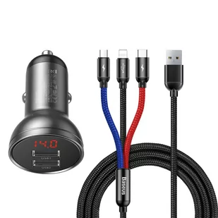 Baseus ładowarka samochodowa 2x USB 4,8A 24W z LCD + kabel 3w1 USB - USB Typ C / micro USB / Lightning 1,2m czarny (TZCCBX-0G) - Ładowarki samochodowe - miniaturka - grafika 1