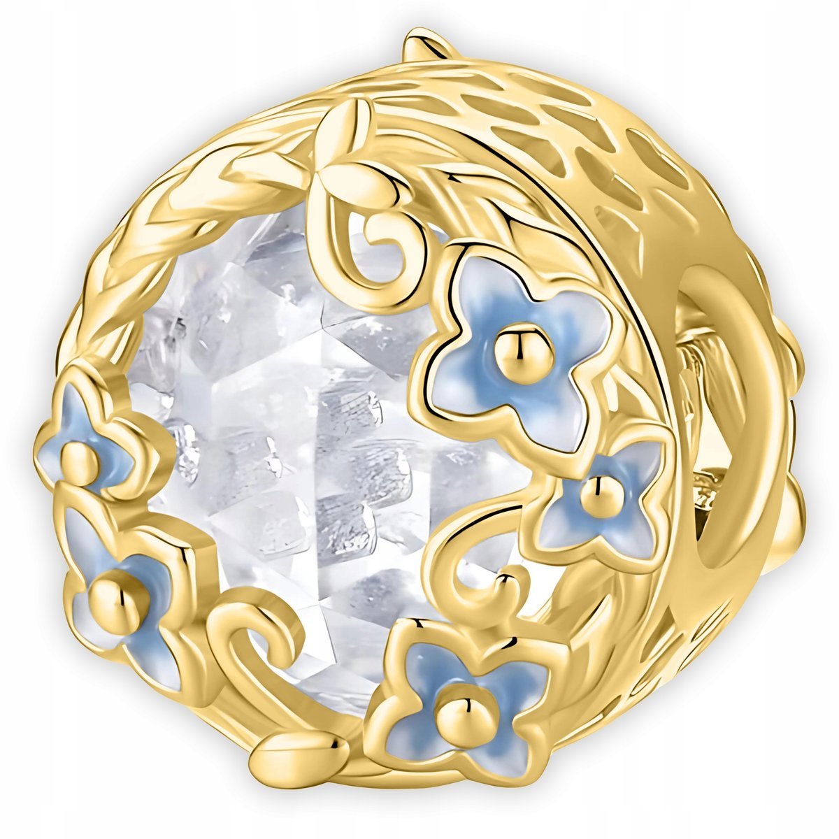 Złoty Charms Biały Koralik Kwiat Kwiatki Biała Cyrkonia SREBRO 925