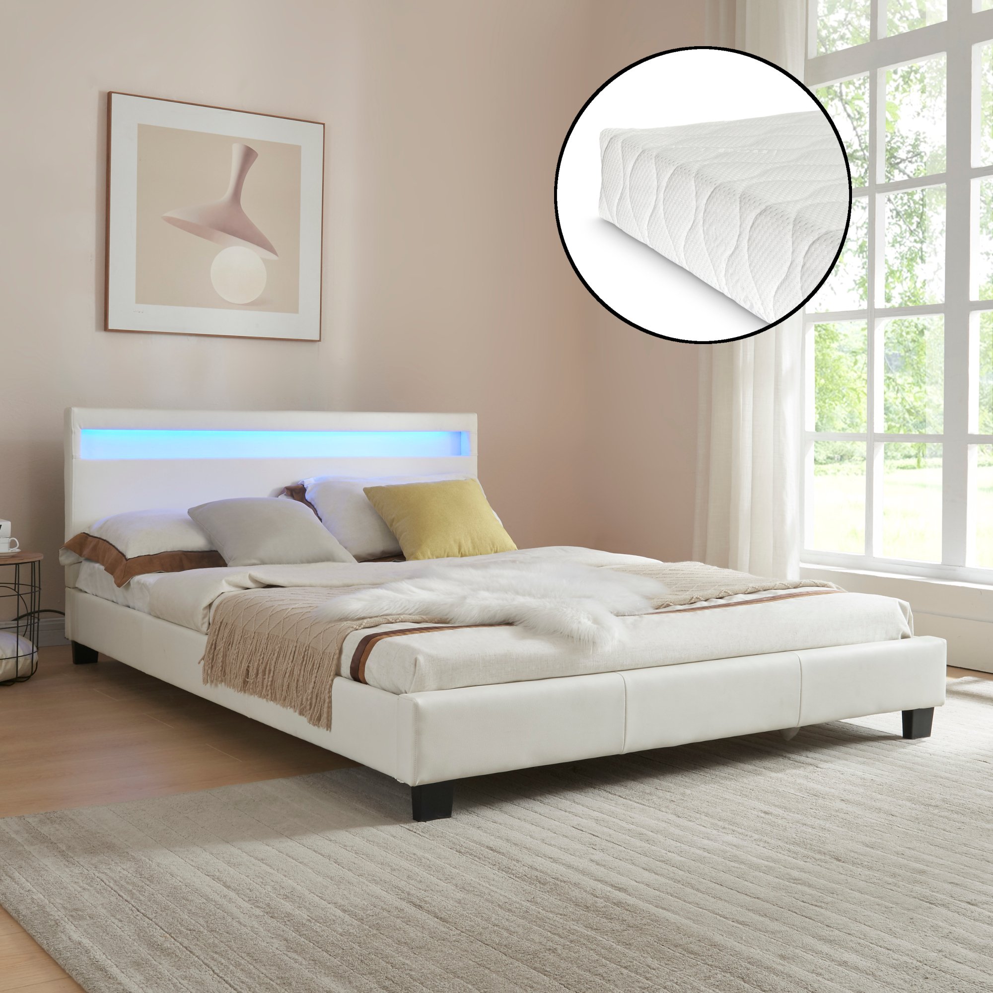 LED design łóżko tapicerowane + materac 140 x 200 cm sztuczna skóra białe łóżko CORIUM