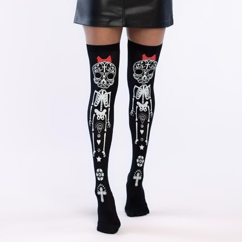 Boland 87867 – za kolana ze szkieletem i kością, pończochy samonośne na karnawał, imprezę tematyczną, Halloween, Dia de los Muertos