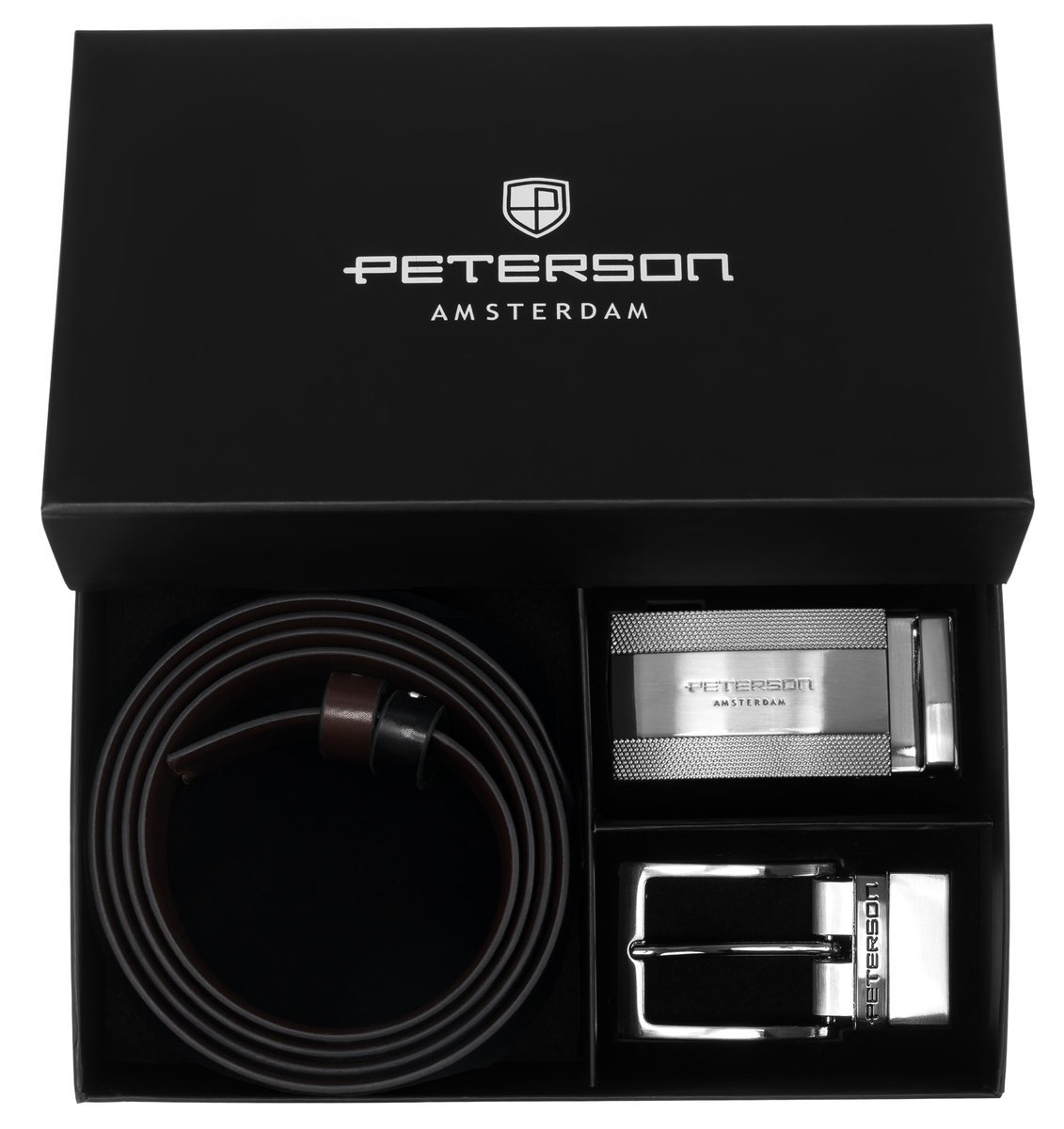 Pasek Peterson elegancki skórzany męski dwustronny zestaw na prezent czarny brązowy