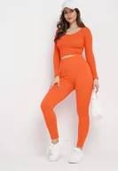 Legginsy - Pomarańczowe Legginsy Push-Up z Prążkowanej Dzianiny Thistleta - miniaturka - grafika 1