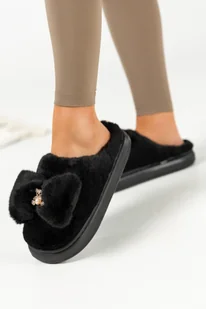 Czarne kapcie damskie obuwie domowe futrzane z kokardą złota ozdoba miś z cyrkoniami Casu SP53-1 - Kapcie damskie - miniaturka - grafika 1