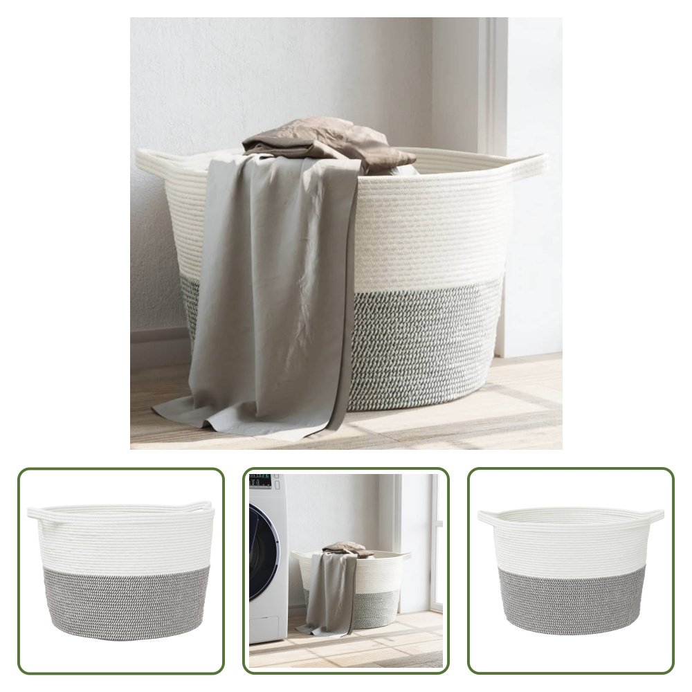 Kosz na pranie The Living Store szaro-biały Ø60x36 cm bawełna