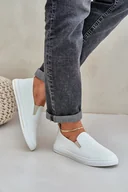 Trampki damskie - Wsuwane Eko Skórzane Damskie Tenisówki Trampki Z Napisem Jasnobeżowe Zalinne - Butosklep - miniaturka - grafika 1