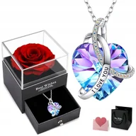 Naszyjniki - Srebrny Naszyjnik Diamentowany Serce Prezent Dla Kobiet + Wieczna Róża - miniaturka - grafika 1