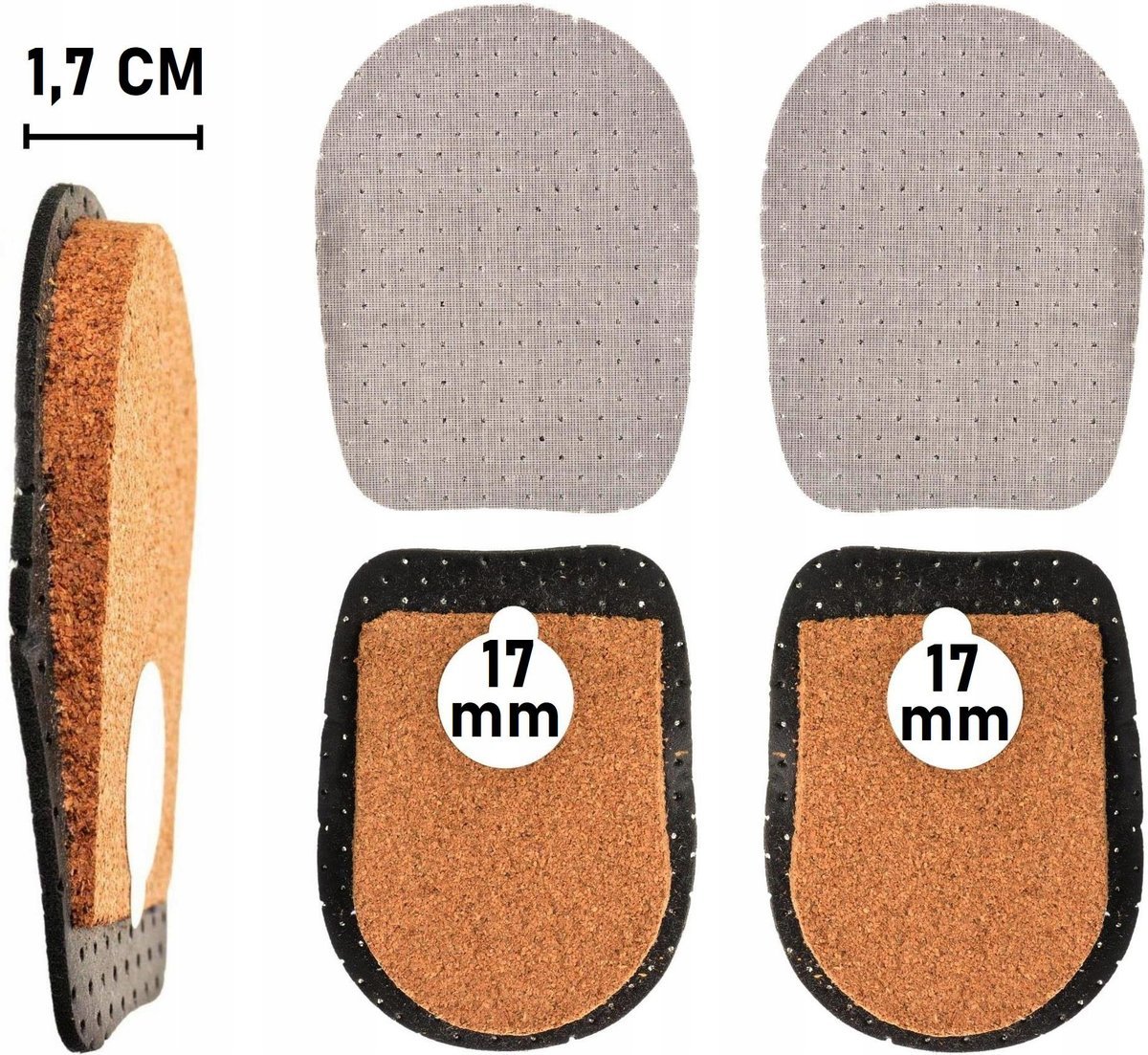 Męskie 41-46 Podpiętki KORKOWE 17 mm KLINY pod pięty Wkładki PODWYŻSZAJĄCE 1,7 cm