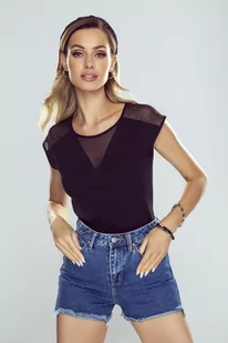Koszulka damska dopasowana z krótkim rękawem z tiulowym V-dekoltem Alessia czarna  XL - Koszulki i topy damskie - miniaturka - grafika 1