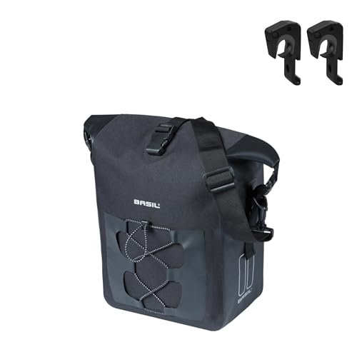 Basil Pojedyncza torba rowerowa M MIK Hooks – 12–15 l – brezent/poliester – wodoszczelna IPX3 – zamknięcie na rolce – przednia kieszeń kompresyjna – odblaskowa – odpinany pasek na ramię – czarna