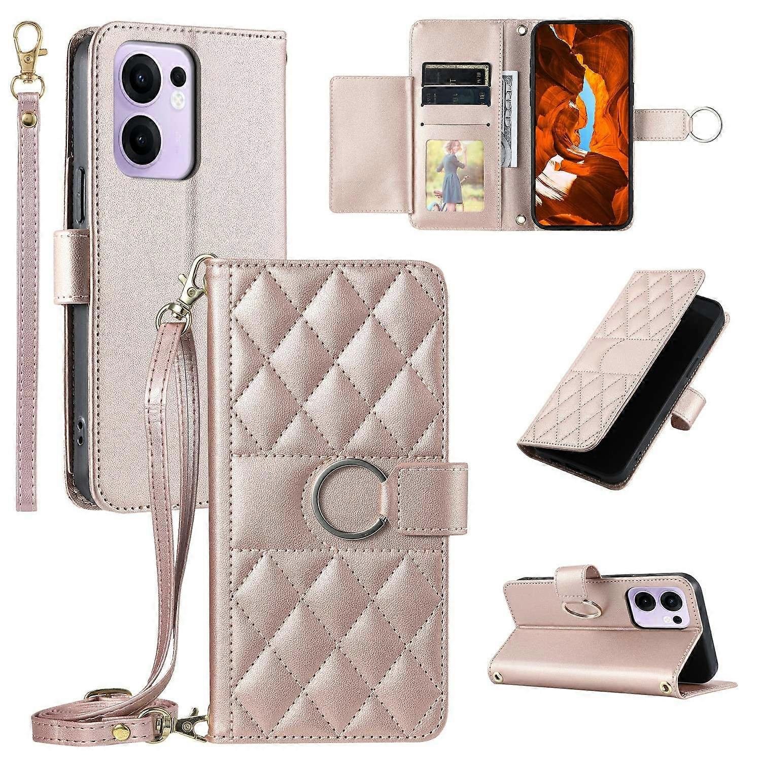 Do Oppo Reno13 F 5G / 4G Crossbody Skórzany futerał Pierścień Klamra Portfel Stojak Rhombus Pokrowiec na telefon Wielobarwny Rose Gold