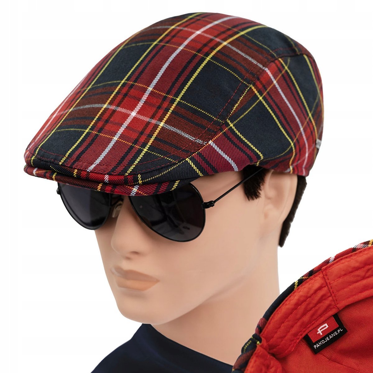 KASZKIET Męski Czapka PREMIUM Szkocka Krata Bawełniany CZERWONY Pako Jeans