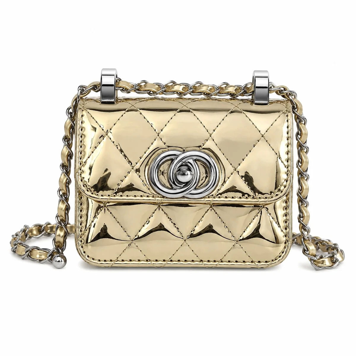 mała zlota TOREBKA damska pikowana na łańcuszku mini luksusowa 13×11×6 cm