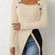 Bluzki damskie - TEMU Elegancka, kolorowa koszulka z klapką i fałszywymi guzikami, z długim rękawem z poliestru 92% i elastanu 8%, uniwersalna na każdą porę roku. - miniaturka - grafika 1