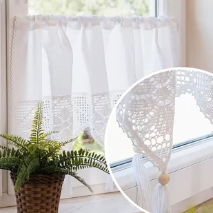 Bawełniana, biała, ażurowa zazdrostka, wykończona frędzlami z koralikiem, sprzedawana na metry, wysokość: 75 cm - Firany - miniaturka - grafika 1