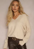 Swetry damskie - Beżowy Klasyczny Sweter z Wiskozą i Kaszmirem Marirra - miniaturka - grafika 1