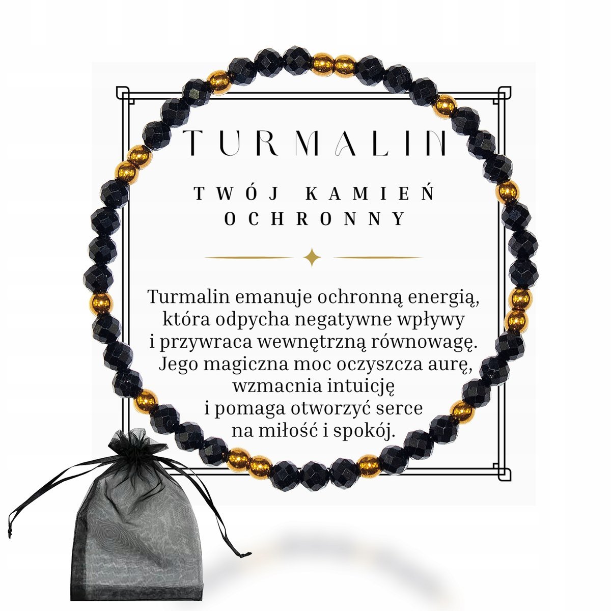 Bransoletka CZARNY TURMALIN i HEMATYT Kamień Naturalny Damska Prezent 17cm, bez marki,