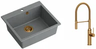 Zlewozmywaki z baterią - Quadron Zlewozmywak granitowy jednokomorowy 57*50*22 cm MORGAN 110 SILVER STONE z miedzianym odpływem z baterią MARILYN Q LINE z ruchomą wylewką kolor miedziany - miniaturka - grafika 1